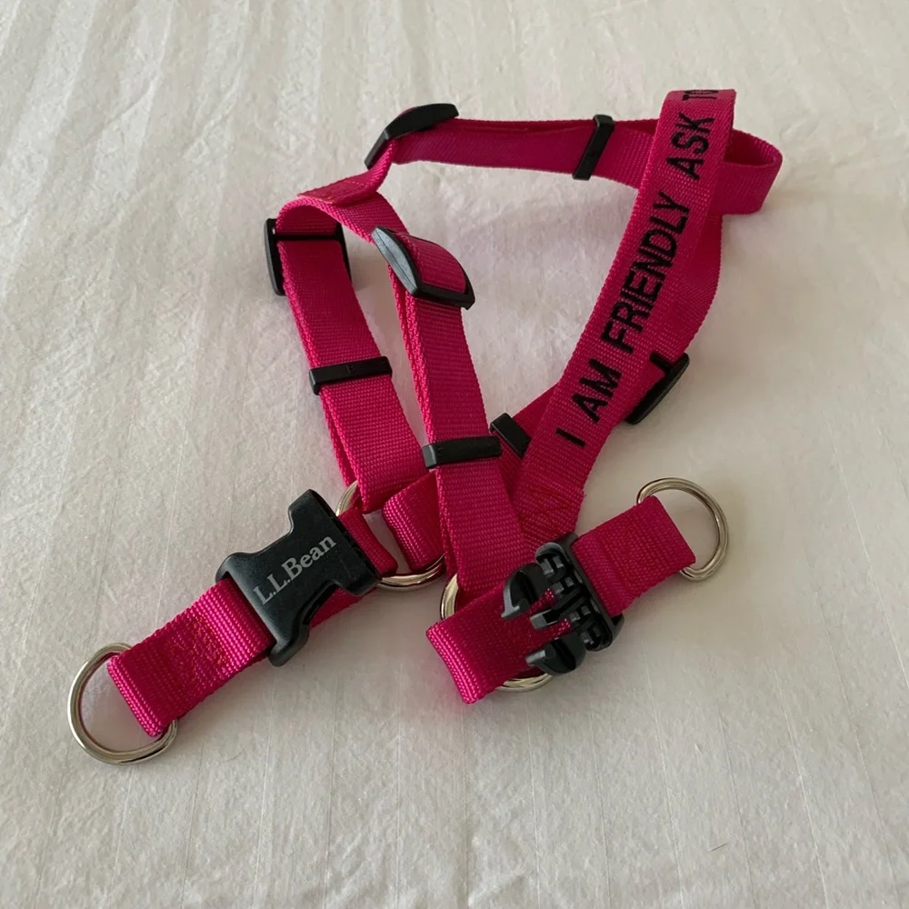 L.L.Bean Fuchsia Pink Adjustable Dog Harness I Am Friendly Ask to Pet Me